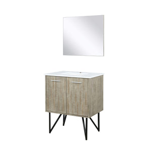 Lexora LLC30SKSOSM28 Lancy 30" Rustic Acacia Bathroom Vanity, White Quartz Top, White Square Sink, and 28" Frameless Mirror