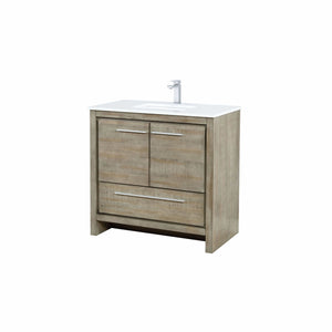 Lexora LLF36SKSOS000FRG Lafarre 36" Rustic Acacia Bathroom Vanity, White Quartz Top, White Square Sink, and Labaro Rose Gold Faucet Set