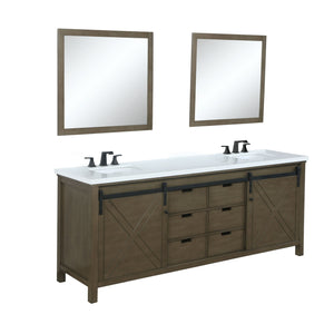 Lexora LM342280DKCSM30F Marsyas 80" Rustic Brown Double Vanity, White Quartz Top, White Square Sinks and 30" Mirrors w/ Faucets