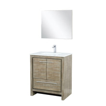 Load image into Gallery viewer, Lexora LLF30SKSOSM28FGM Lafarre 30&quot; Rustic Acacia Bathroom Vanity, White Quartz Top, White Square Sink, Balzani Gun Metal Faucet Set, and 28&quot; Frameless Mirror