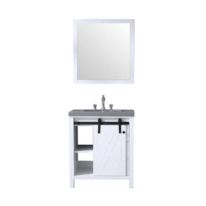 Lexora LM342230SAASM28F Marsyas 30" White Single Vanity, Grey Quartz Top, White Square Sink and 28" Mirror w/ Faucet