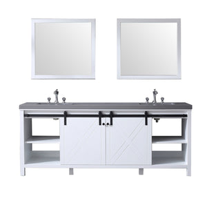 Lexora LM342284DAASM34F Marsyas 84" White Double Vanity, Grey Quartz Top, White Square Sinks and 34" Mirrors w/ Faucets