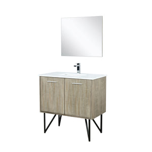 Lexora LLC36SKSOSM28FRG Lancy 36" Rustic Acacia Bathroom Vanity, White Quartz Top, White Square Sink, Labaro Rose Gold Faucet Set, and 28" Frameless Mirror