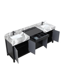 Load image into Gallery viewer, Lexora LZ342284DLISFBG Zilara 84&quot; Black and Grey Double Vanity, Castle Grey Marble Tops, White Square Sinks, and Balzani Gun Metal Faucet Set