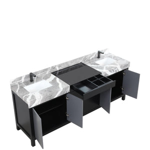 Lexora LZ342284DLISFBG Zilara 84" Black and Grey Double Vanity, Castle Grey Marble Tops, White Square Sinks, and Balzani Gun Metal Faucet Set