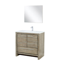 Load image into Gallery viewer, Lexora LLF36SKSOSM28FGM Lafarre 36&quot; Rustic Acacia Bathroom Vanity, White Quartz Top, White Square Sink, Balzani Gun Metal Faucet Set, and 28&quot; Frameless Mirror