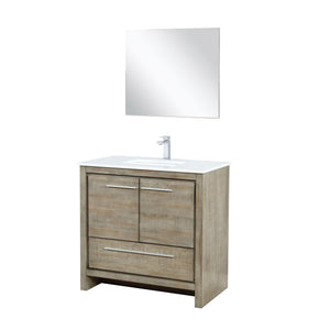 Lexora LLF36SKSOSM28FGM Lafarre 36" Rustic Acacia Bathroom Vanity, White Quartz Top, White Square Sink, Balzani Gun Metal Faucet Set, and 28" Frameless Mirror