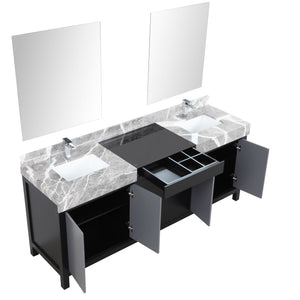 Lexora LZ342280DLISM30FMC Zilara 80" Black and Grey Double Vanity, Castle Grey Marble Tops, White Square Sinks, Monte Chrome Faucet Set, and 30" Frameless Mirrors