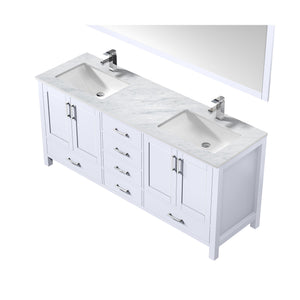 Lexora LJ342272DADSM70F Jacques 72" White Double Vanity, White Carrara Marble Top, White Square Sinks and 70" Mirror w/ Faucets