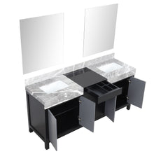 Load image into Gallery viewer, Lexora LZ342272DLISM28 Zilara 72&quot; Black and Grey Double Vanity, Castle Grey Marble Tops, White Square Sinks, and 28&quot; Frameless Mirrors