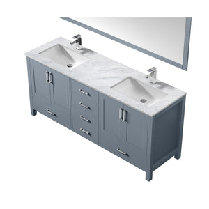 Lexora LJ342272DBDSM70F Jacques 72" Dark Grey Double Vanity, White Carrara Marble Top, White Square Sinks and 70" Mirror w/ Faucets