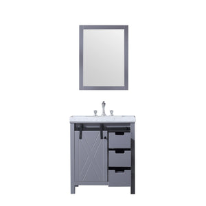 Lexora LM342230SBBSM28F Marsyas 30" Dark Grey Single Vanity, White Carrara Marble Top, White Square Sink and 28" Mirror w/ Faucet