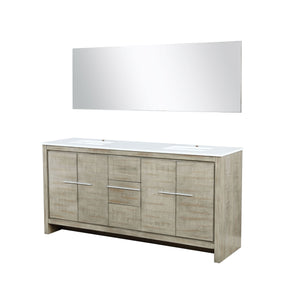 Lexora LLF72DKSODM70 Lafarre 72" Rustic Acacia Double Bathroom Vanity, White Quartz Top, White Square Sinks, and 70" Frameless Mirror