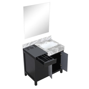 Lexora LZ342236SLISM30 Zilara 36" Black and Grey Vanity, Castle Grey Marble Top, White Square Sink, and 30" Frameless Mirror