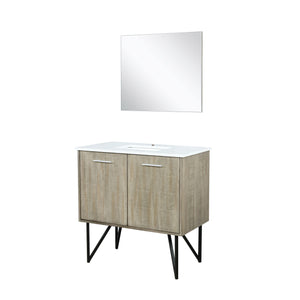 Lexora LLC36SKSOSM28 Lancy 36" Rustic Acacia Bathroom Vanity, White Quartz Top, White Square Sink, and 28" Frameless Mirror