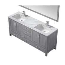 Load image into Gallery viewer, Lexora LJ342272DDDSM70F Jacques 72&quot; Distressed Grey Double Vanity, White Carrara Marble Top, White Square Sinks and 70&quot; Mirror w/ Faucets