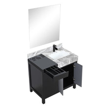 Load image into Gallery viewer, Lexora LZ342236SLISM30FCM Zilara 36&quot; Black and Grey Vanity, Castle Grey Marble Top, White Square Sink, Cascata Nera Matte Black Faucet Set, and 30&quot; Frameless Mirror