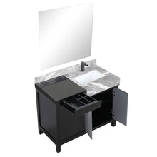 Load image into Gallery viewer, Lexora LZ342242SLISM34FBG Zilara 42&quot; Black and Grey Vanity, Castle Grey Marble Top, White Square Sink, Balzani Gun Metal Faucet Set, and 34&quot; Frameless Mirror