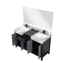 Load image into Gallery viewer, Lexora LZ342255SLISM53FCM Zilara 55&quot; Black and Grey Double Vanity, Castle Grey Marble Tops, White Square Sinks, Cascata Nera Matte Black Faucet Set, and 53&quot; Frameless Mirror