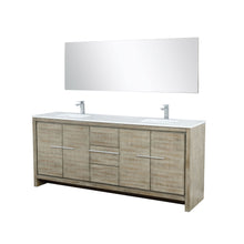 Load image into Gallery viewer, Lexora LLF80DKSODM70FBN Lafarre 80&quot; Rustic Acacia Double Bathroom Vanity, White Quartz Top, White Square Sinks, Labaro Brushed Nickel Faucet Set, and 70&quot; Frameless Mirror