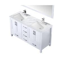 Load image into Gallery viewer, Lexora LJ342260DADSM58F Jacques 60&quot; White Double Vanity, White Carrara Marble Top, White Square Sinks and 58&quot; Mirror w/ Faucets