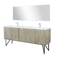 Load image into Gallery viewer, Lexora LLC80DKSOSM70FGM Lancy 80&quot; Rustic Acacia Double Bathroom Vanity, White Quartz Top, White Square Sinks, Balzani Gun Metal Faucet Set, and 70&quot; Frameless Mirror