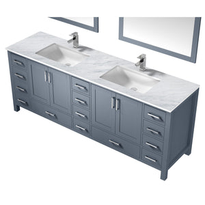 Lexora LJ342284DBDSM34F Jacques 84" Dark Grey Double Vanity, White Carrara Marble Top, White Square Sinks and 34" Mirrors w/ Faucets