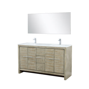 Lexora LLF60DKSODM55FRG Lafarre 60" Rustic Acacia Double Bathroom Vanity, White Quartz Top,White Square Sinks, Labaro Rose Gold Faucet Set, and 55" Frameless Mirror