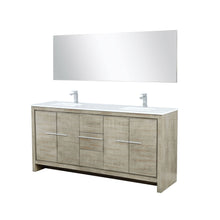 Load image into Gallery viewer, Lexora LLF72DKSODM70FCH Lafarre 72&quot; Rustic Acacia Double Bathroom Vanity, White Quartz Top, White Square Sinks, Monte Chrome Faucet Set, and 70&quot; Frameless Mirror