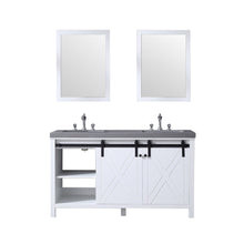 Load image into Gallery viewer, Lexora LM342260DAASM24F Marsyas 60&quot; White Double Vanity, Grey Quartz Top, White Square Sinks and 24&quot; Mirrors w/ Faucets