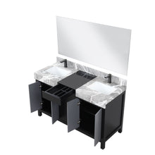 Load image into Gallery viewer, Lexora LZ342255SLISM53FBG Zilara 55&quot; Black and Grey Double Vanity, Castle Grey Marble Tops, White Square Sinks, Balzani Gun Metal Faucet Sets, and 53&quot; Frameless Mirror