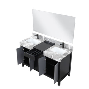 Lexora LZ342255SLISM53FBG Zilara 55" Black and Grey Double Vanity, Castle Grey Marble Tops, White Square Sinks, Balzani Gun Metal Faucet Sets, and 53" Frameless Mirror