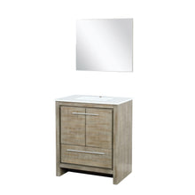 Load image into Gallery viewer, Lexora LLF30SKSOSM28 Lafarre 30&quot; Rustic Acacia Bathroom Vanity, White Quartz Top, White Square Sink, and 28&quot; Frameless Mirror