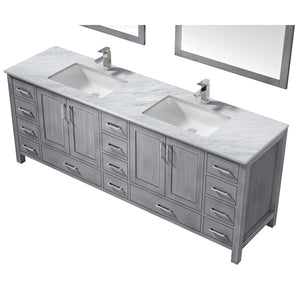 Lexora LJ342284DDDSM34F Jacques 84" Distressed Grey Double Vanity, White Carrara Marble Top, White Square Sinks and 34" Mirrors w/ Faucets