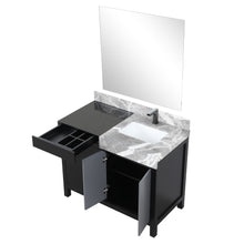 Load image into Gallery viewer, Lexora LZ342242SLISM34FBG Zilara 42&quot; Black and Grey Vanity, Castle Grey Marble Top, White Square Sink, Balzani Gun Metal Faucet Set, and 34&quot; Frameless Mirror