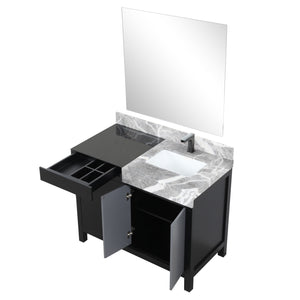 Lexora LZ342242SLISM34FBG Zilara 42" Black and Grey Vanity, Castle Grey Marble Top, White Square Sink, Balzani Gun Metal Faucet Set, and 34" Frameless Mirror