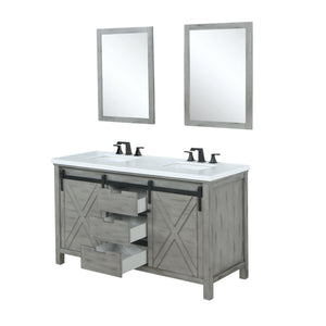 Lexora LM342260DHCSM24F Marsyas 60" Ash Grey Double Vanity, White Quartz Top, White Square Sinks and 24" Mirrors w/ Faucets