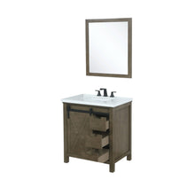 Load image into Gallery viewer, Lexora LM342230SKCSM28F Marsyas 30&quot; Rustic Brown Single Vanity, White Quartz Top, White Square Sink and 28&quot; Mirror w/ Faucet