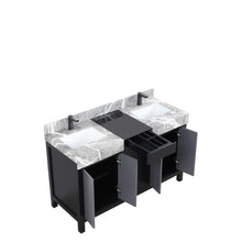 Load image into Gallery viewer, Lexora LZ342255SLISFBG Zilara 55&quot; Black and Grey Double Vanity, Castle Grey Marble Tops, White Square Sinks, and Balzani Gun Metal Faucet Set