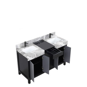 Lexora LZ342255SLISFBG Zilara 55" Black and Grey Double Vanity, Castle Grey Marble Tops, White Square Sinks, and Balzani Gun Metal Faucet Set