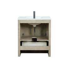 Load image into Gallery viewer, Lexora LLF30SKSOSM28FGM Lafarre 30&quot; Rustic Acacia Bathroom Vanity, White Quartz Top, White Square Sink, Balzani Gun Metal Faucet Set, and 28&quot; Frameless Mirror