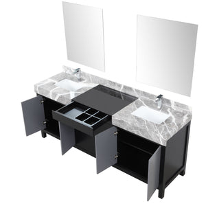 Lexora LZ342280DLISM30FMC Zilara 80" Black and Grey Double Vanity, Castle Grey Marble Tops, White Square Sinks, Monte Chrome Faucet Set, and 30" Frameless Mirrors