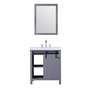 Lexora LM342230SBBSM28F Marsyas 30" Dark Grey Single Vanity, White Carrara Marble Top, White Square Sink and 28" Mirror w/ Faucet