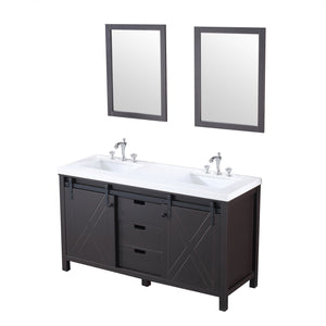 Lexora LM342260DCCSM24F Marsyas 60" Brown Double Vanity, White Quartz Top, White Square Sinks and 24" Mirrors w/ Faucets
