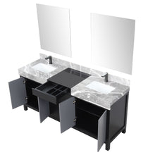 Load image into Gallery viewer, Lexora LZ342272DLISM28FBG Zilara 72&quot; Black and Grey Double Vanity, Castle Grey Marble Tops, White Square Sinks, Balzani Gun Metal Faucet Set, and 28&quot; Frameless Mirrors