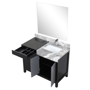 Lexora LZ342242SLISM34FMC Zilara 42" Black and Grey Vanity, Castle Grey Marble Top, White Square Sink, Monte Chrome Faucet Set, and 34" Frameless Mirror