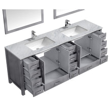 Load image into Gallery viewer, Lexora LJ342284DDDSM34F Jacques 84&quot; Distressed Grey Double Vanity, White Carrara Marble Top, White Square Sinks and 34&quot; Mirrors w/ Faucets