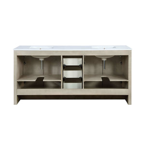 Lexora LLF72DKSODM70 Lafarre 72" Rustic Acacia Double Bathroom Vanity, White Quartz Top, White Square Sinks, and 70" Frameless Mirror
