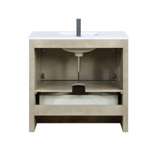 Load image into Gallery viewer, Lexora LLF36SKSOSM28FGM Lafarre 36&quot; Rustic Acacia Bathroom Vanity, White Quartz Top, White Square Sink, Balzani Gun Metal Faucet Set, and 28&quot; Frameless Mirror