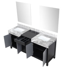 Load image into Gallery viewer, Lexora LZ342272DLISM28 Zilara 72&quot; Black and Grey Double Vanity, Castle Grey Marble Tops, White Square Sinks, and 28&quot; Frameless Mirrors